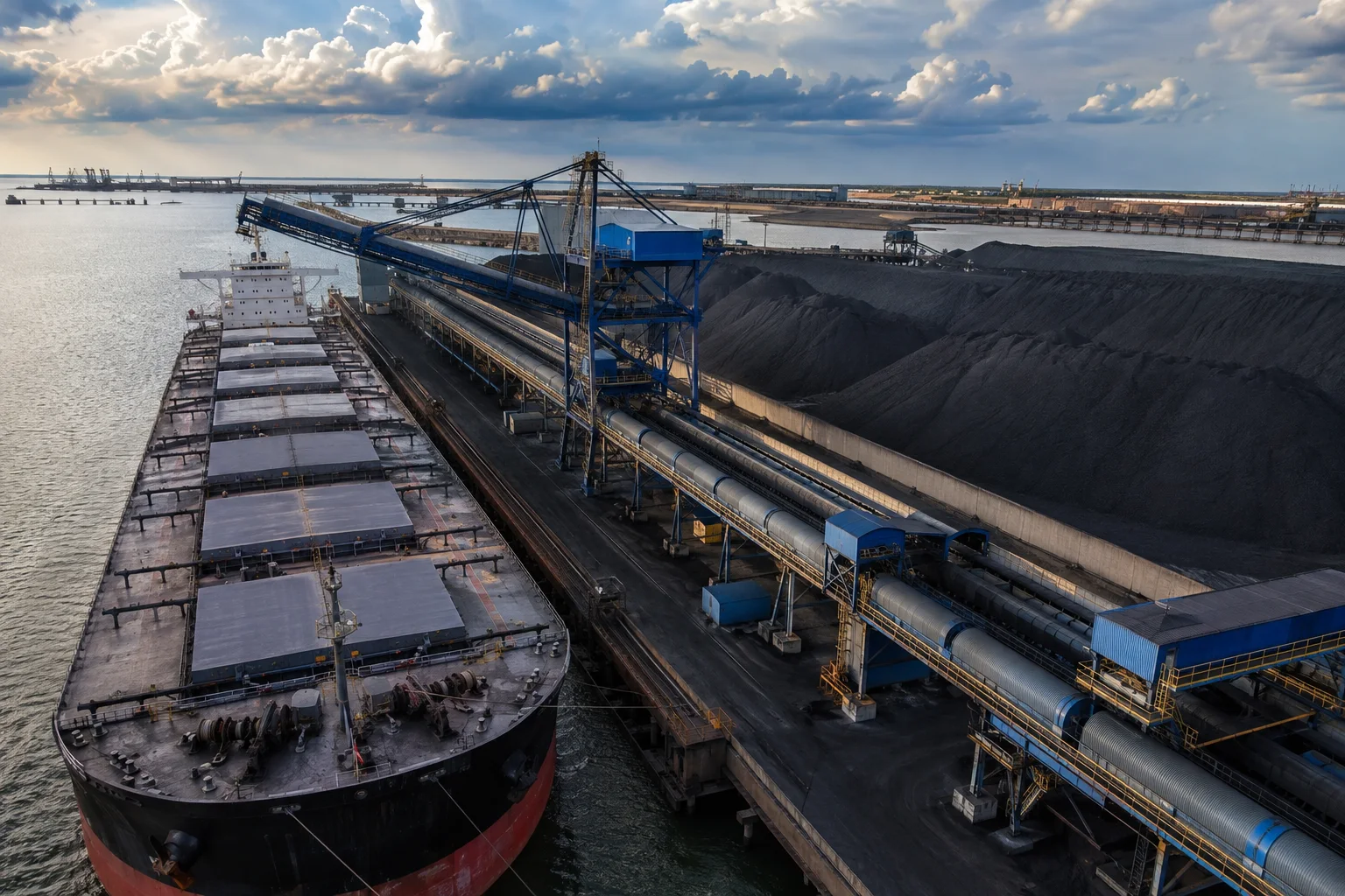 Bulk carrier beside an enclosed conveyor at a modern coal terminal