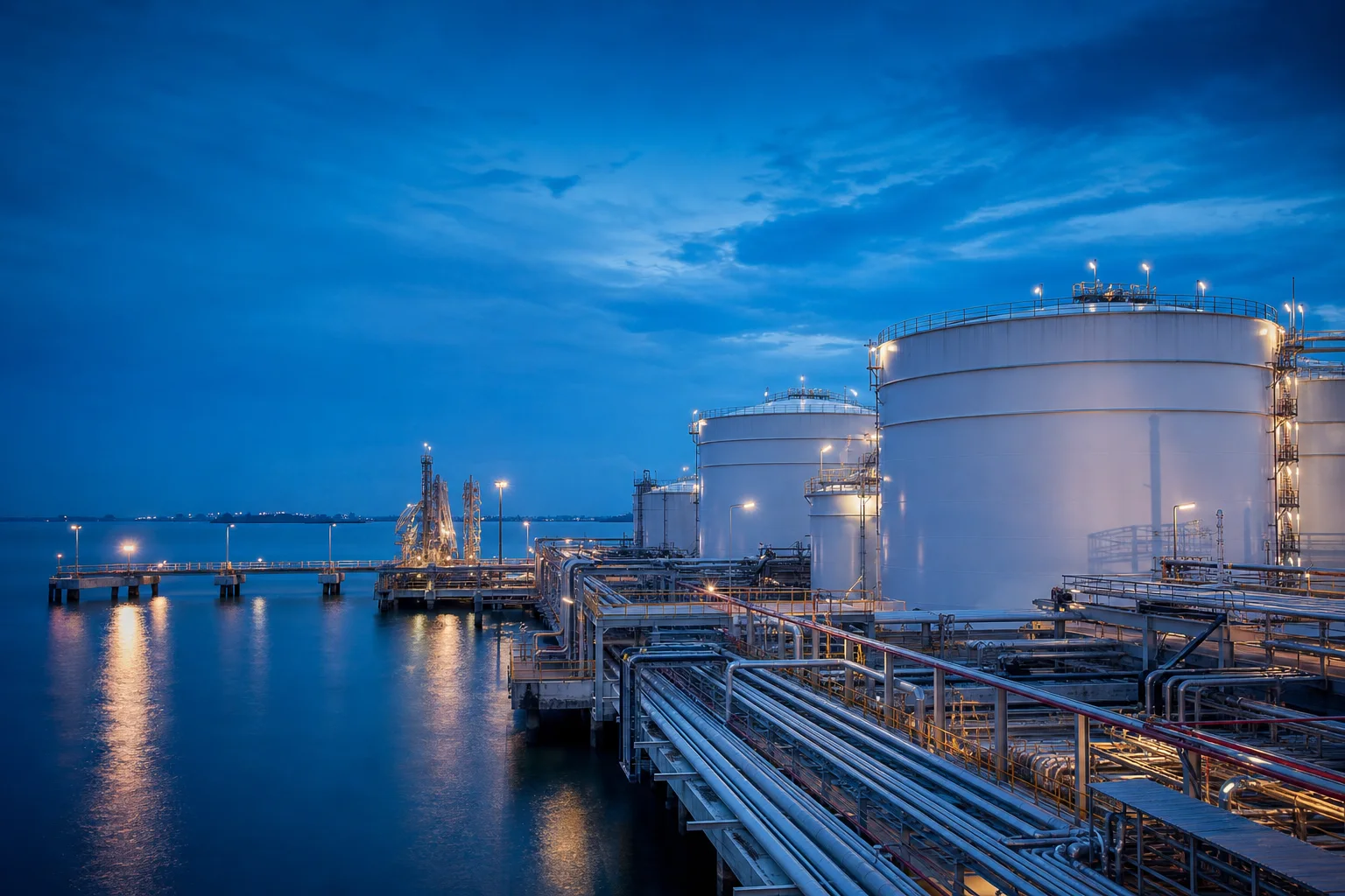 Coastal petroleum storage terminal with fuel tanks and pipe racks at blue hour